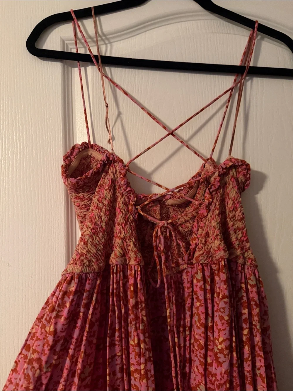 Free People Pink Floral Smocked Maxi Dress with Crisscross Straps